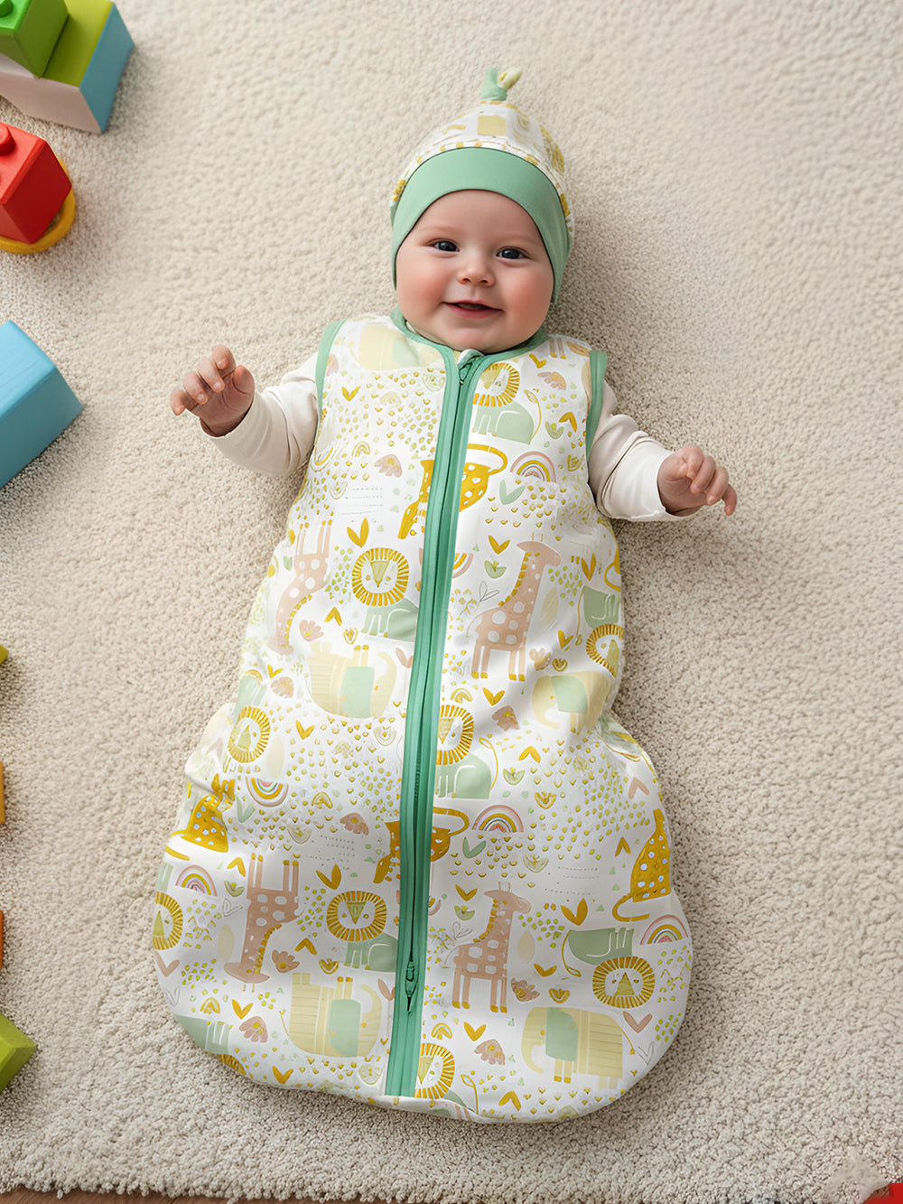 Polka Tots 100% Soft Cotton Jungle Print Sleeping Bag with Cap - Multicolor