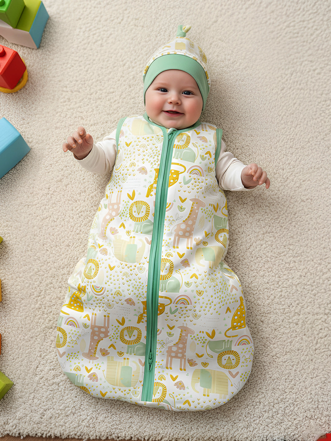 Polka Tots 100% Soft Cotton Jungle Print Sleeping Bag with Cap - Multicolor