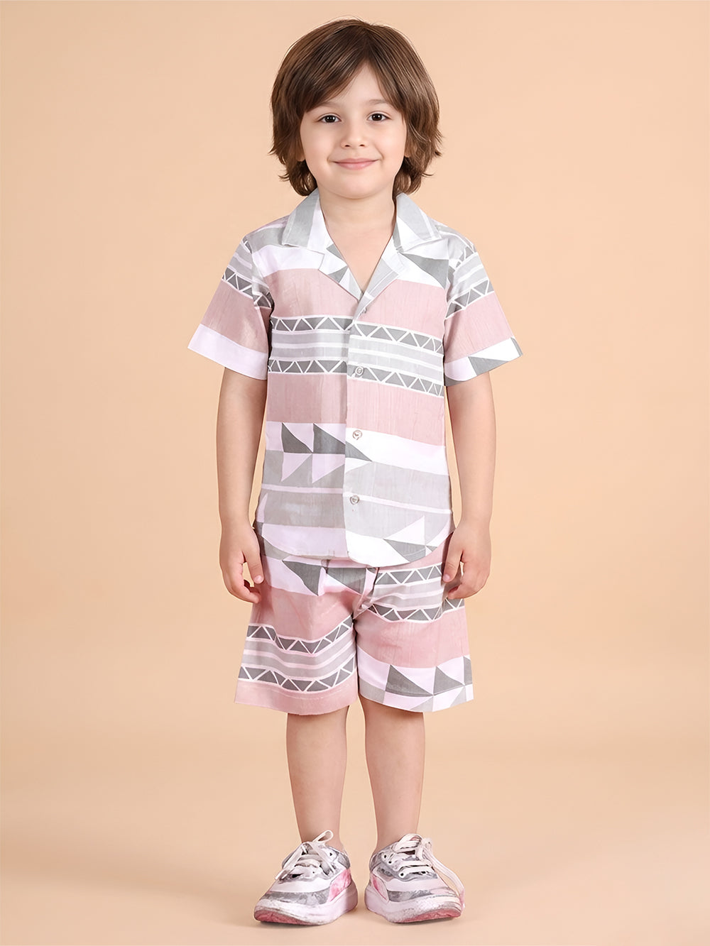 Polka Tots Half Sleeves Geometrc print Co-ord Shorts - Brown