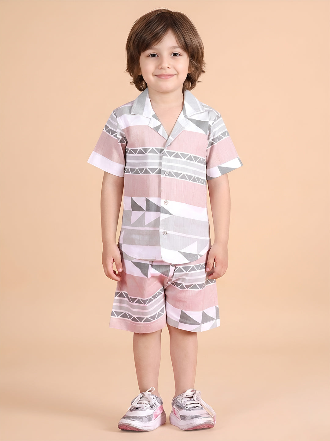 Polka Tots Half Sleeves Geometrc print Co-ord Shorts - Brown