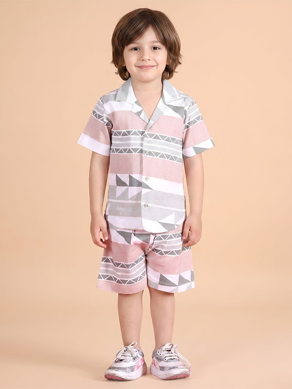 Polka Tots Half Sleeves Geometrc print Co-ord Shorts - Brown