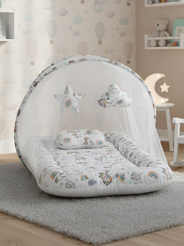 Polka Tots Cotton Baby Bedding Mosquito Net Set with Dangling Toys - Unicorn print White