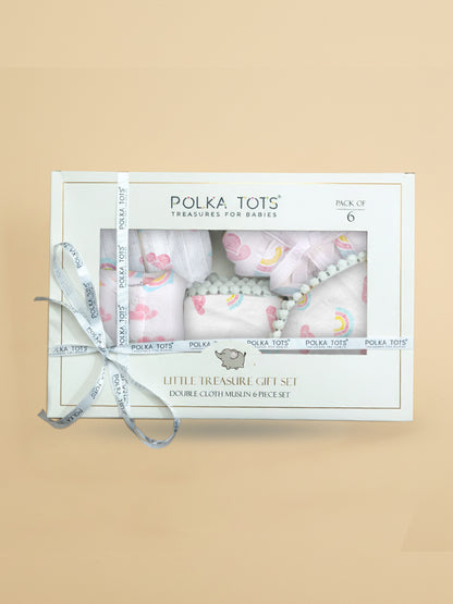 Polka Tots Newborn Pack of 6 100% Soft Double-Layer Muslin Cotton Essentials Gift Box - Rainbow Mist Print