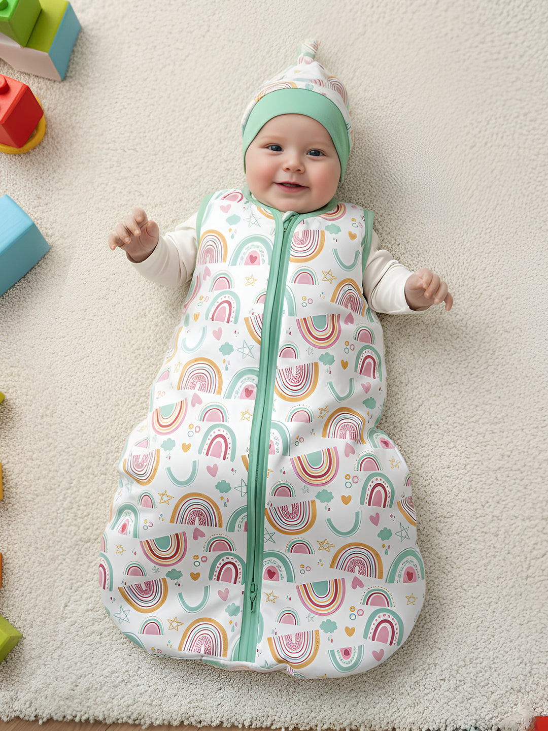 Polka Tots 100% Soft Cotton Rainbow Print Sleeping Bag with Cap - Multicolor