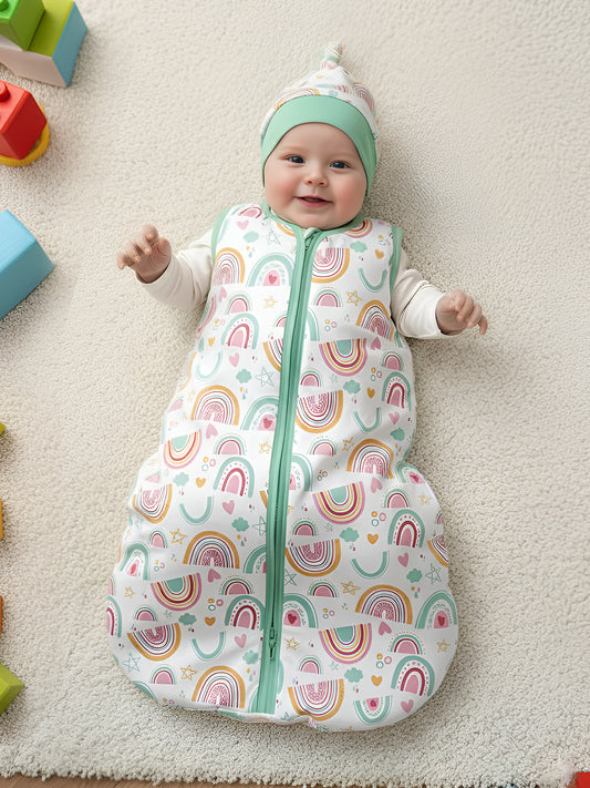 Polka Tots 100% Soft Cotton Rainbow Print Sleeping Bag with Cap - Multicolor