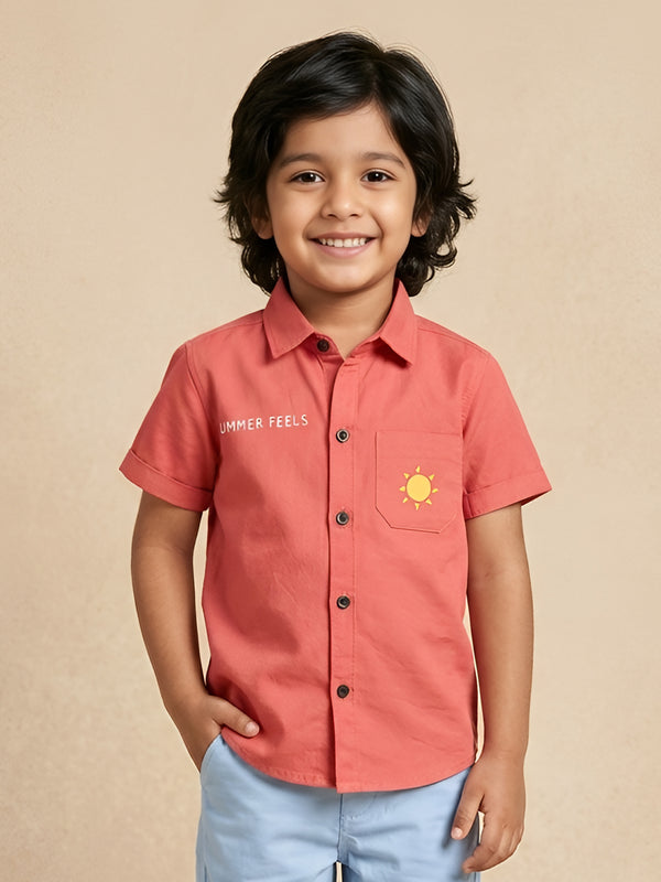 Polka Tots Half Sleeves Text Print Detailing Shirt - Red