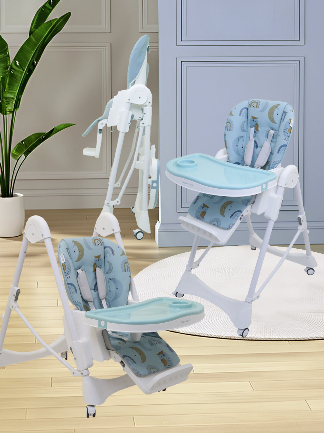 Multi-functional high chair and swing with blue and white design in a room setting.