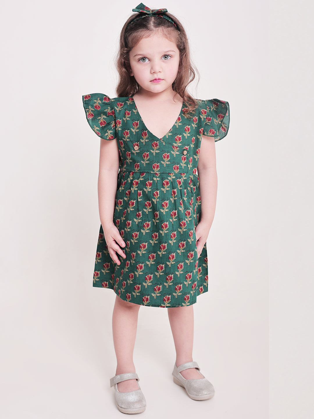 Polka Tots Half sleeve Floral print Frock with Headband - Dark Green