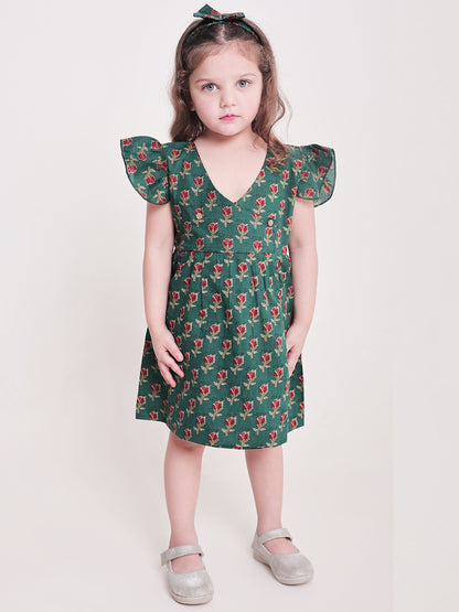 Polka Tots Half sleeve Floral print Frock with Headband - Dark Green