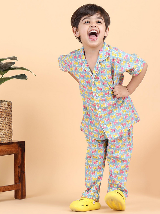 Polka Tots Half Sleeves Lion print Night Suit - Light Blue