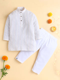 Polka Tots Kantha Work Full Sleeves Ethnic Kurta pyjama set - White