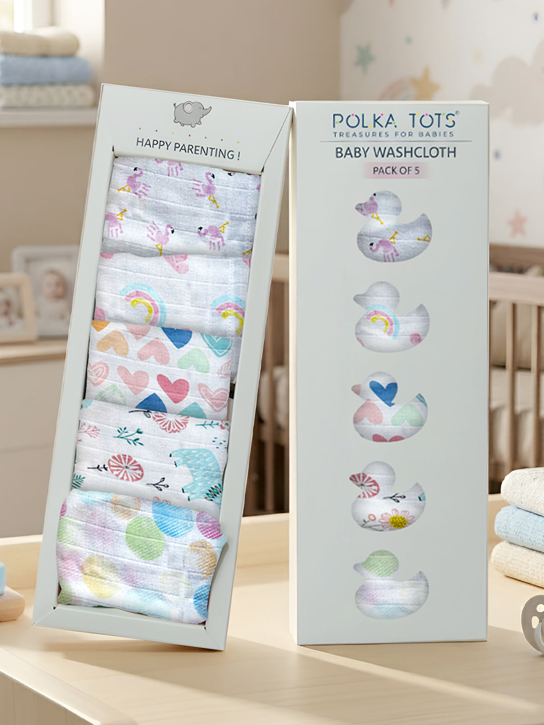 Polka Tots Newborn Pack of 5 100% Soft Muslin Cotton Washcloth Set