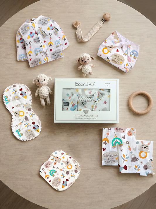 Polka Tots Newborn Pack of 6 100% Soft Double-Layer Muslin Cotton Essentials Gift Box - Hello Baby Print