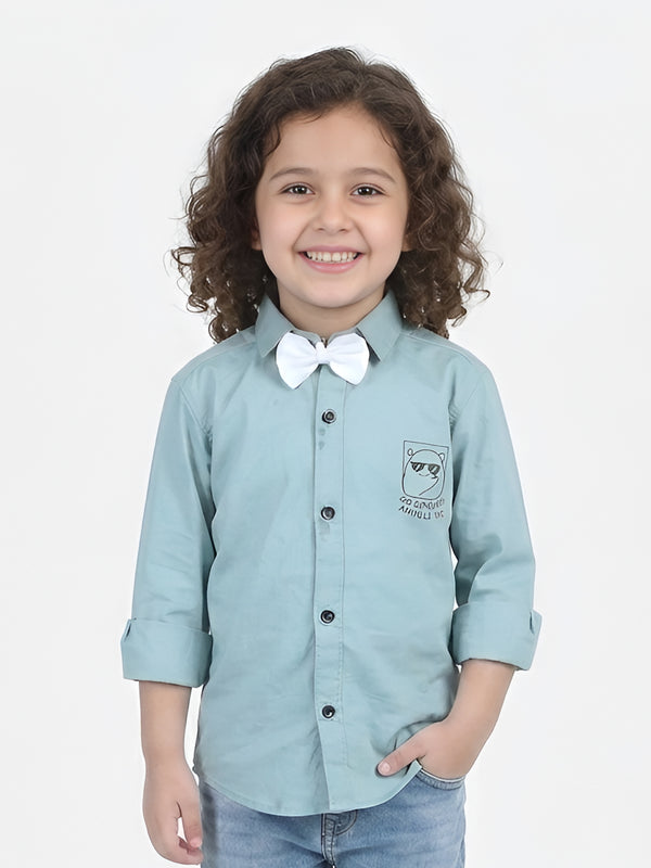 Polka Tots Full sleeve Ice Bear will Protect you print shirt with White Bow - Aqua Blue