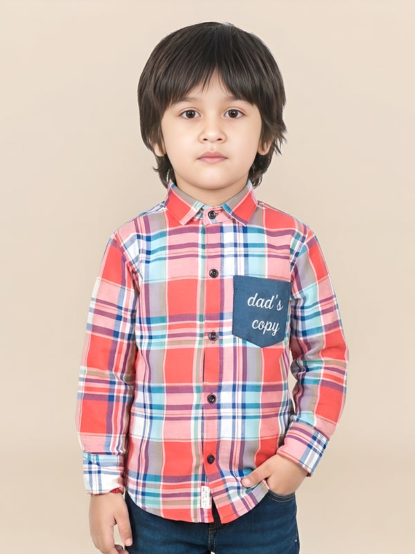 Polka Tots Full Sleeves Dads Copy print Checks Shirt - Coral