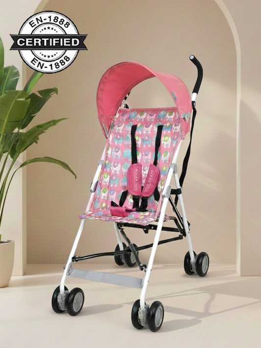 Pink baby stroller with certification logo on a neutral background