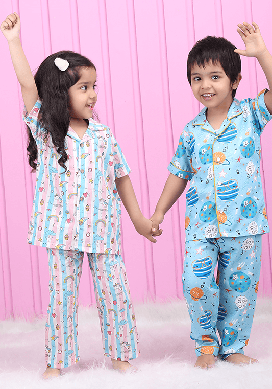 Polka Tots Half Sleeve Unicorn Stripes Print Night Suit - Multicolor