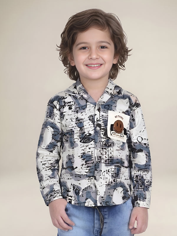 Polka Tots Full Sleeves Abstract Scribble Print Hooded Kids Shirt with Smiley Patch - Blue