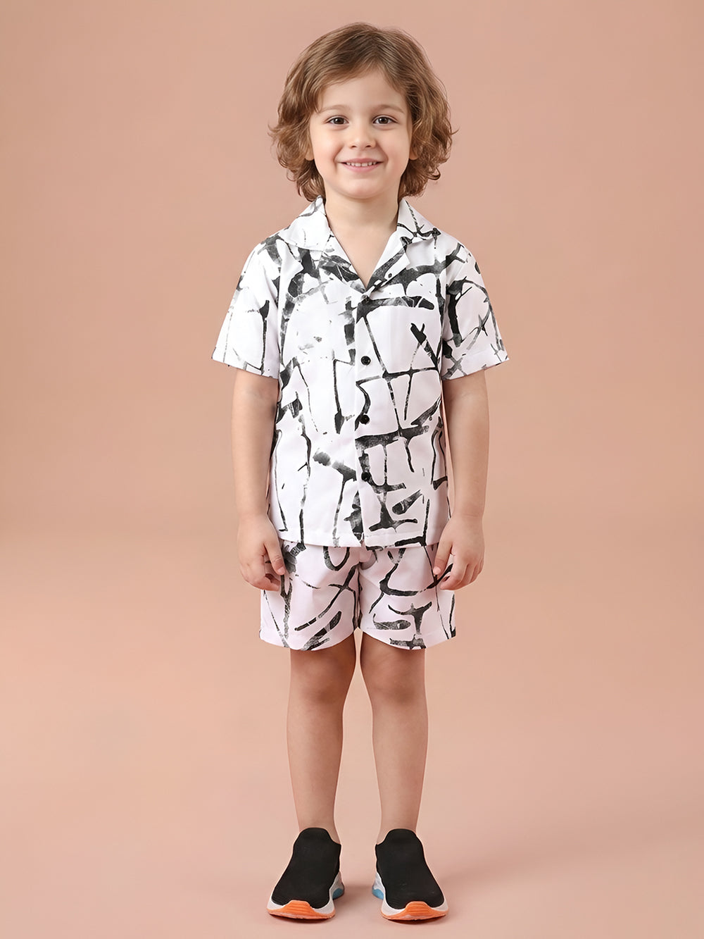 Polka Tots Half Sleeves Brush print Co-ord set - White