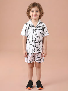 Polka Tots Half Sleeves Brush print Co-ord set - White