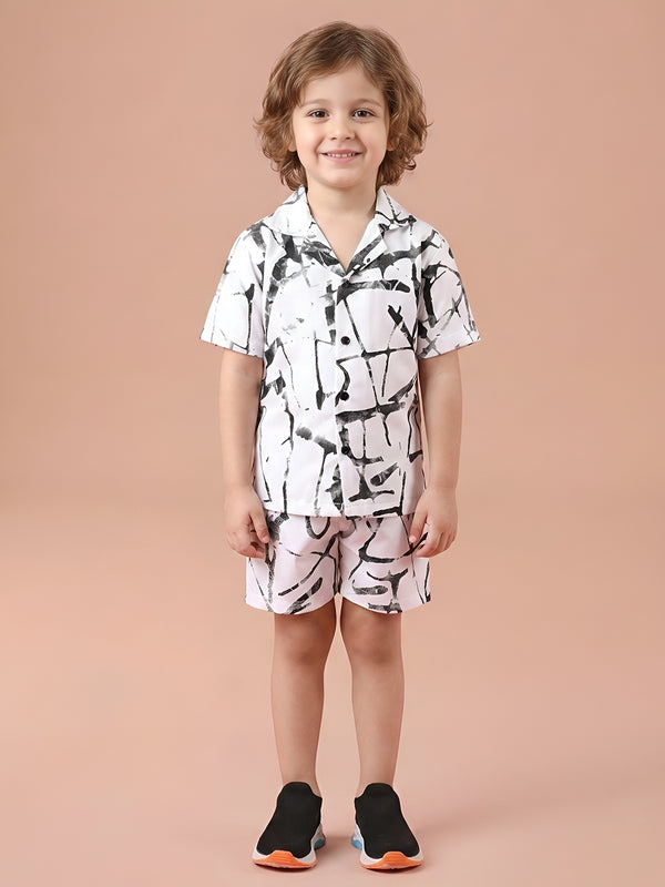 Polka Tots Half Sleeves Brush print Co-ord set - White