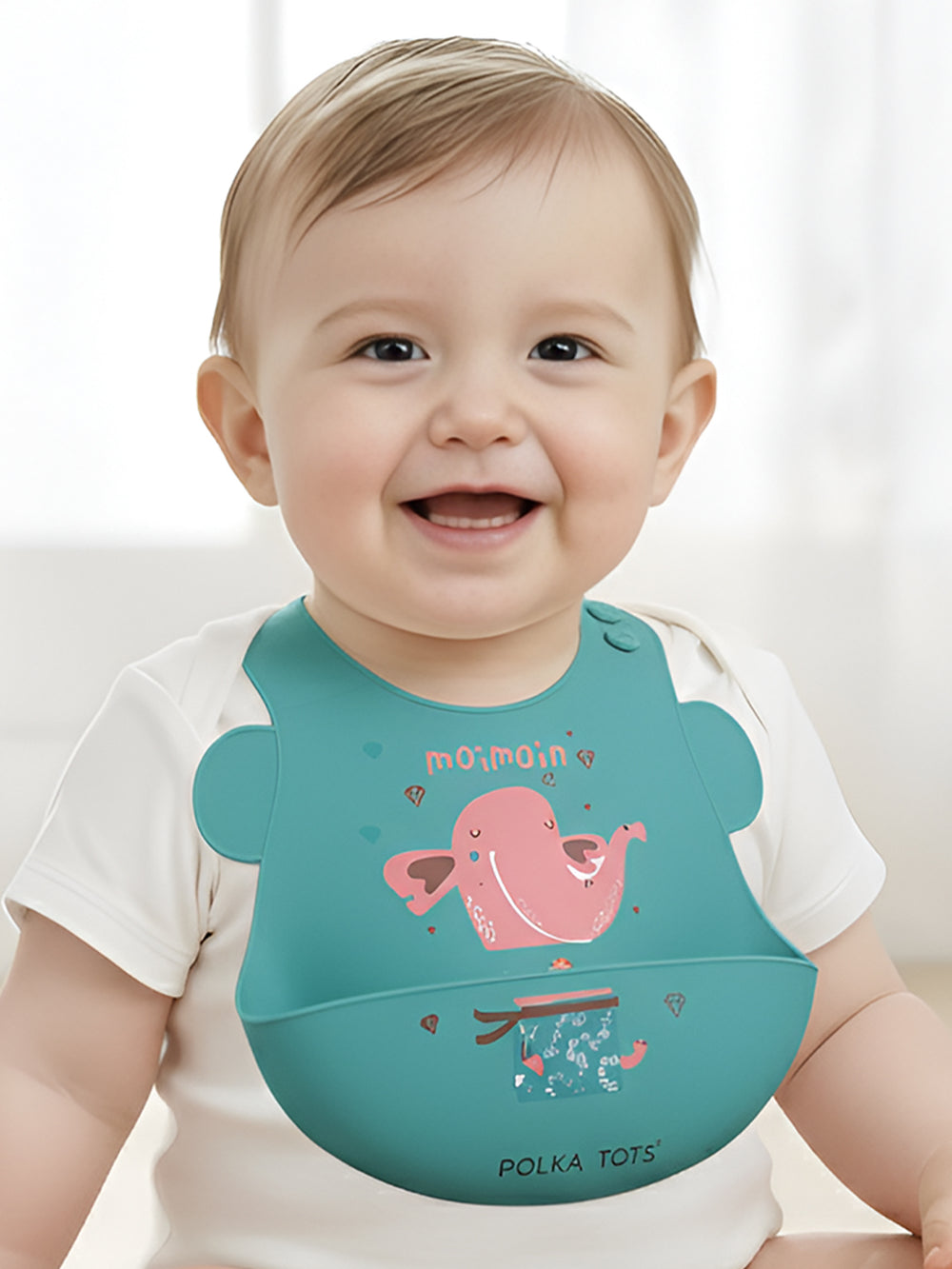 Polka Tots Waterproof Silicone Bibs with Pocket and Adjustable Snaps (Green Elephant)