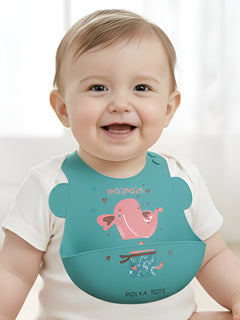 Polka Tots Waterproof Silicone Bibs with Pocket and Adjustable Snaps (Green Elephant)