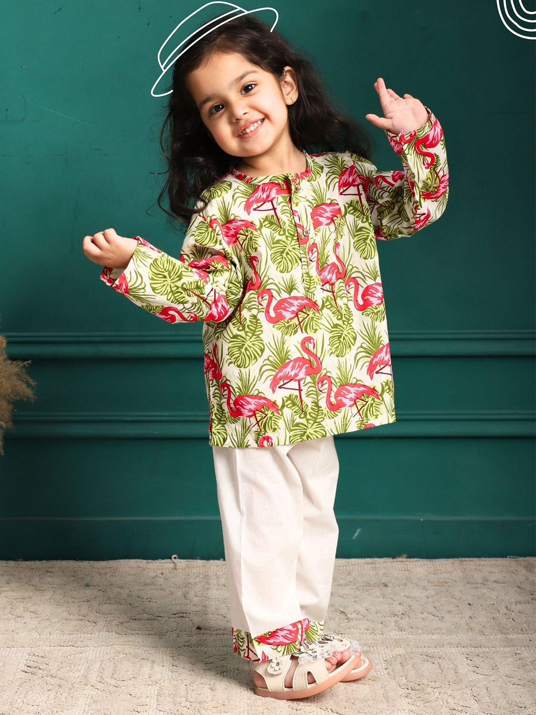 Polka Tots Swan print Front open Full sleeves Nightwear Kurta pyjama set - Pink