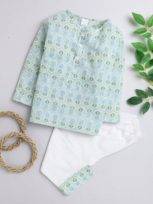 Polka Tots Pineapple print Full sleeves Nightwear Kurta pyjama set - Green