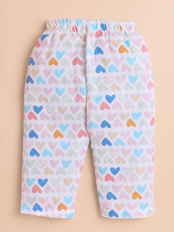 Polka Tots Soft Muslin Cotton Half sleeves Mini Hearts print Jhabla and Pant Set - Multicolor