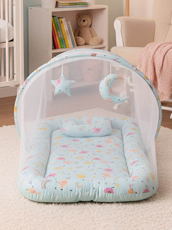 Polka Tots Cotton Baby Bedding Mosquito Net Set with Dangling Toys - Elephant print Blue