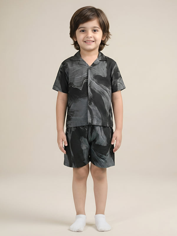 Polka Tots Half Sleeves Brush print Co-ords - Black