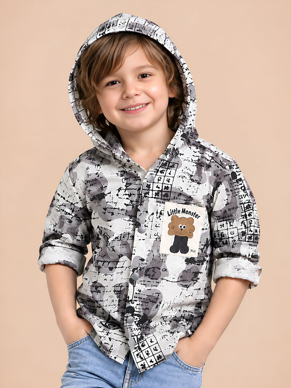 Polka Tots Full Sleeves Abstract Scribble Print Hooded Kids Shirt with Smiley Patch - Cream