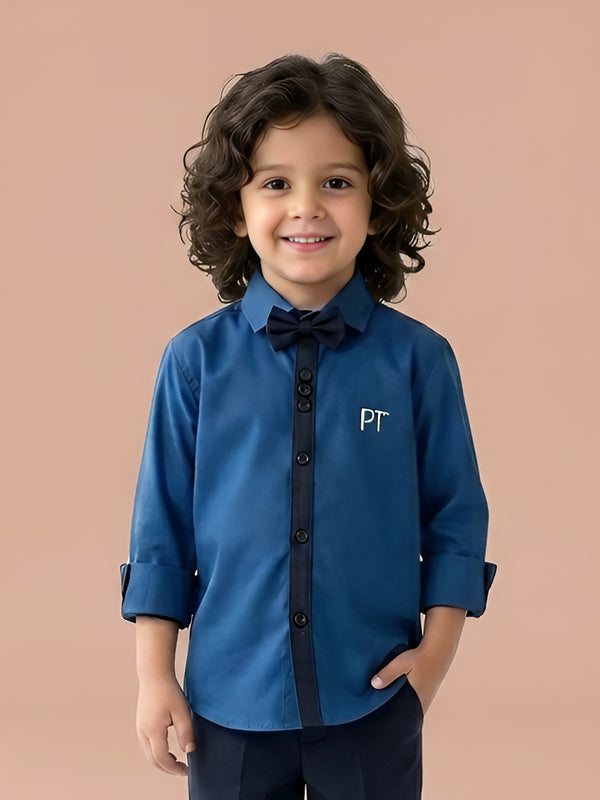 Polka Tots Full Sleeve Party Wear Reverse Collar Placket With Bow Tie Shirt - Blue
