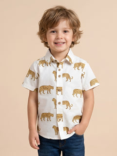 Polka Tots Half Sleeve Shirt Leopard Print - White