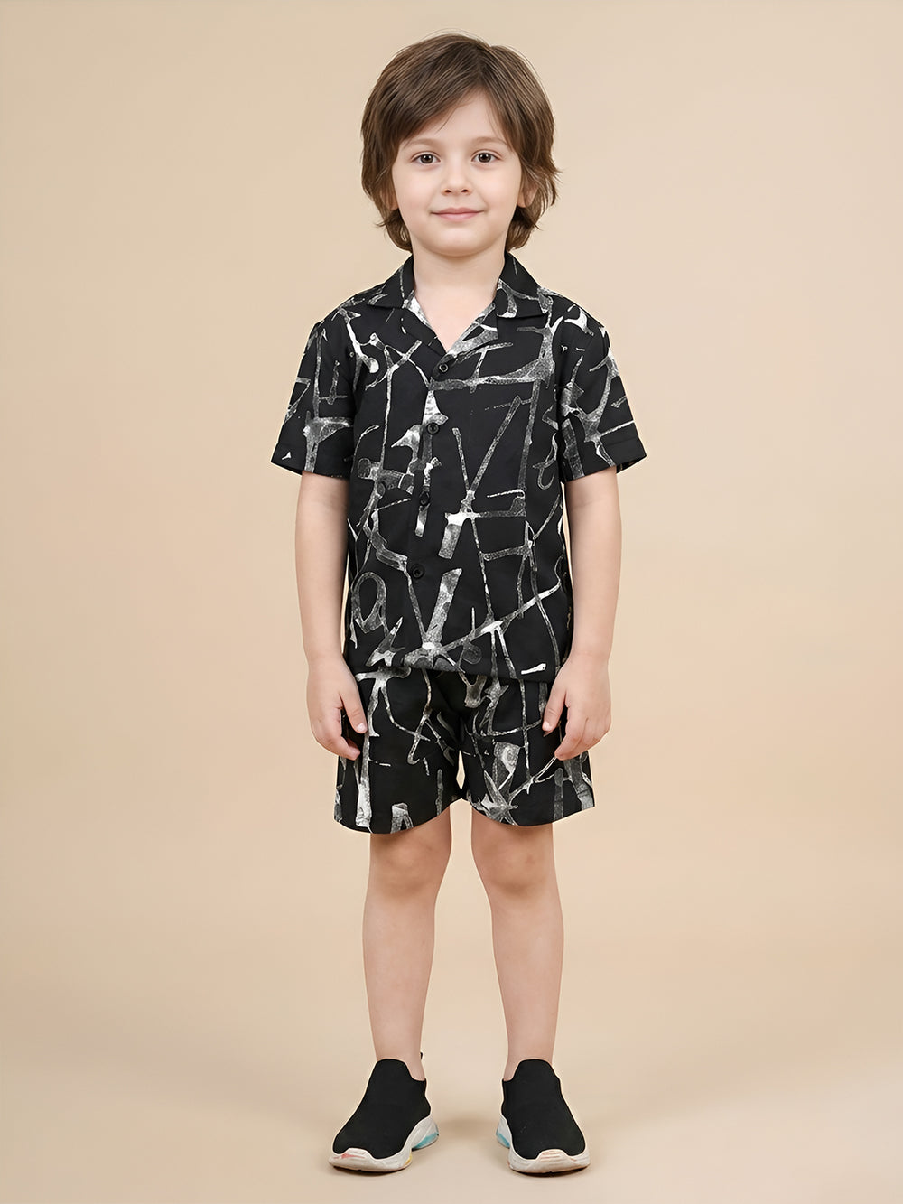 Polka Tots Half Sleeves Brush print Co-ords - Black