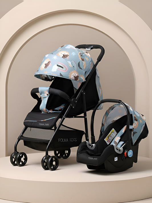 Polka Tots Stroller and car seat with floral pattern on a beige background