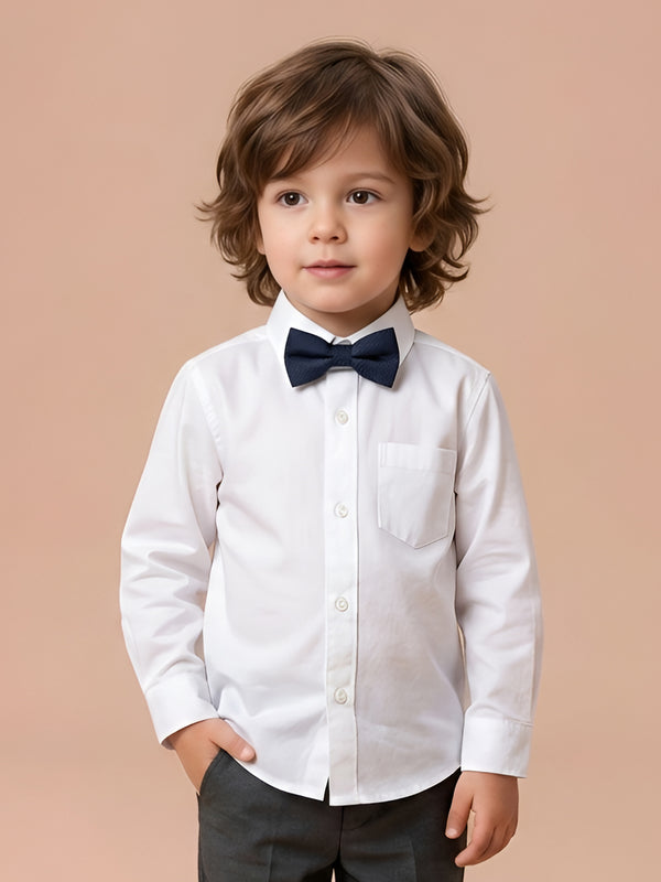 Polka Tots Full Sleeves Cotton Shirt with Bow Tie - White