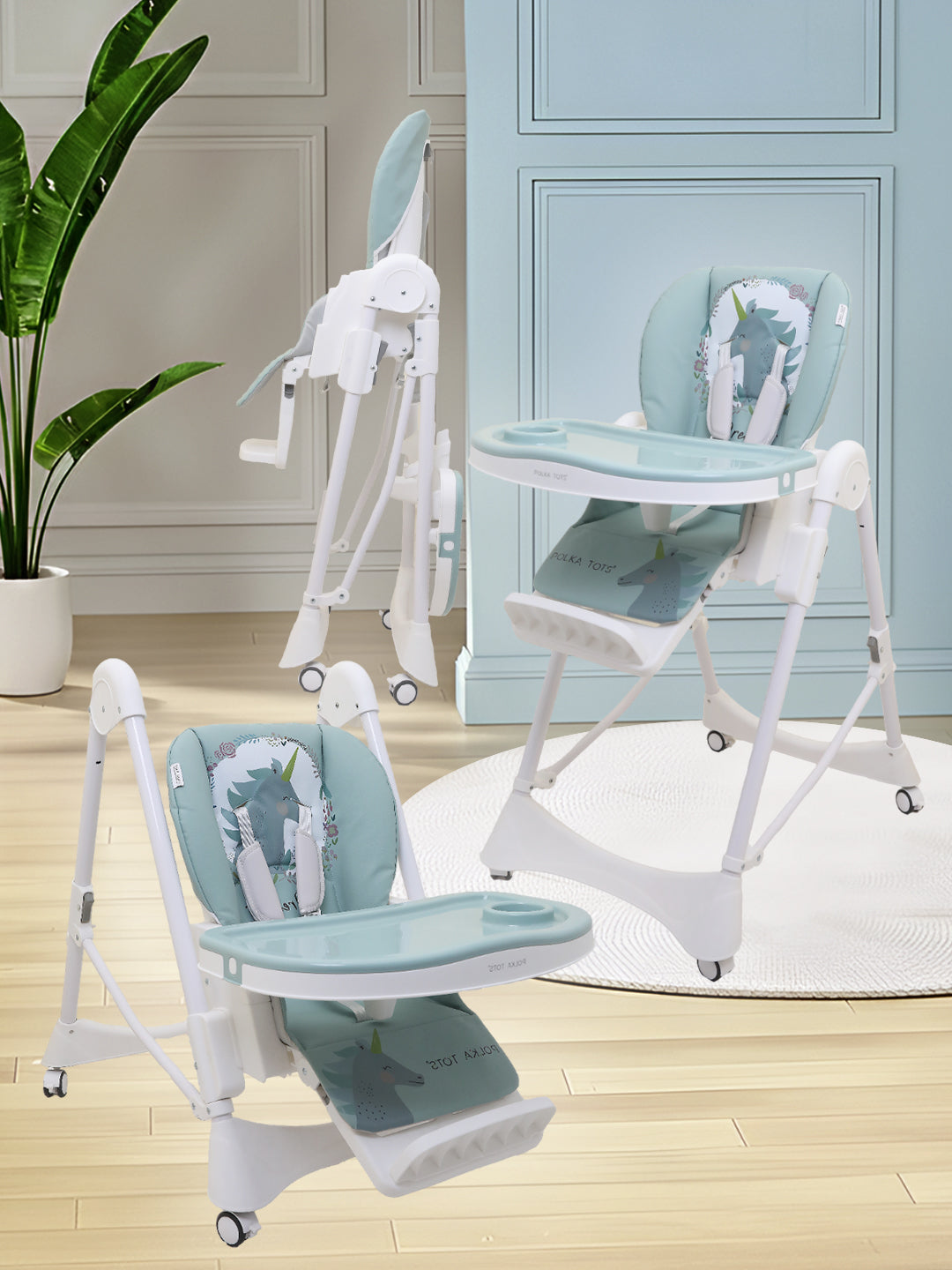 Multiple baby high chairs with green seats and white frames on a wooden floor.