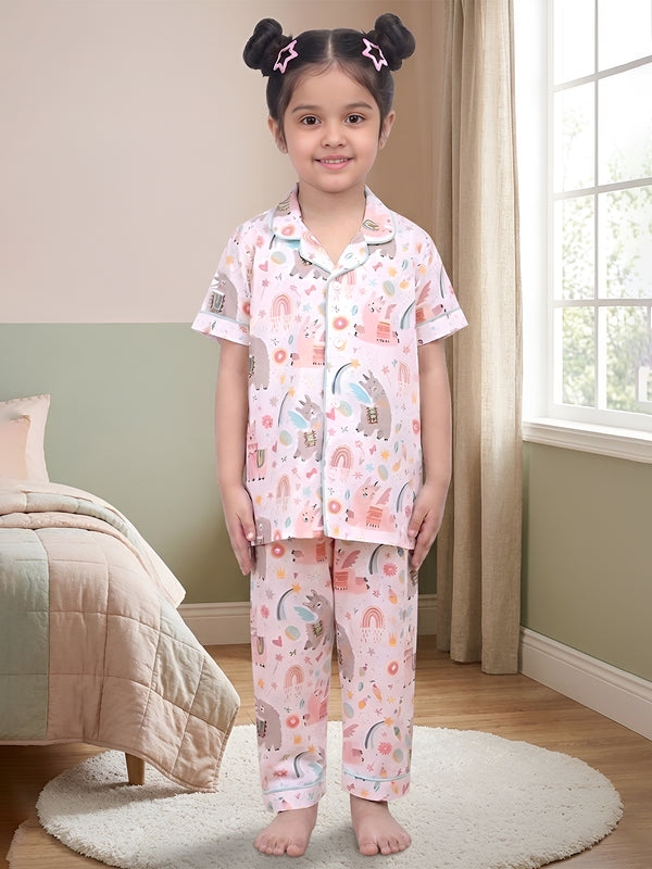 Polka Tots Half Sleeves Rainbow print Night Suit - White