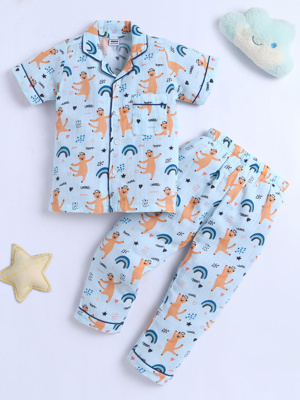Polka Tots Half Sleeve Muslin Dancing Cat Night Suit- Blue