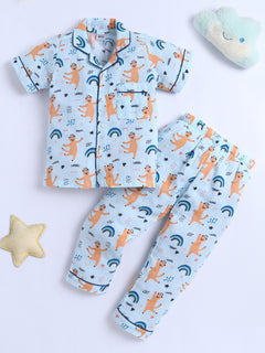Polka Tots Half Sleeve Muslin Dancing Cat Night Suit- Blue