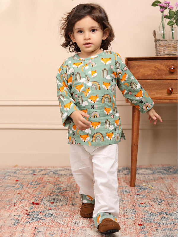 Polka Tots Wolf Print Full Sleeves Nightwear Kurta pyjama set - Green