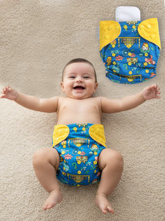 Polka Tots Reusable Cloth Diaper Waterproof Adjustable Baby Diaper (Dark Blue & Yellow)