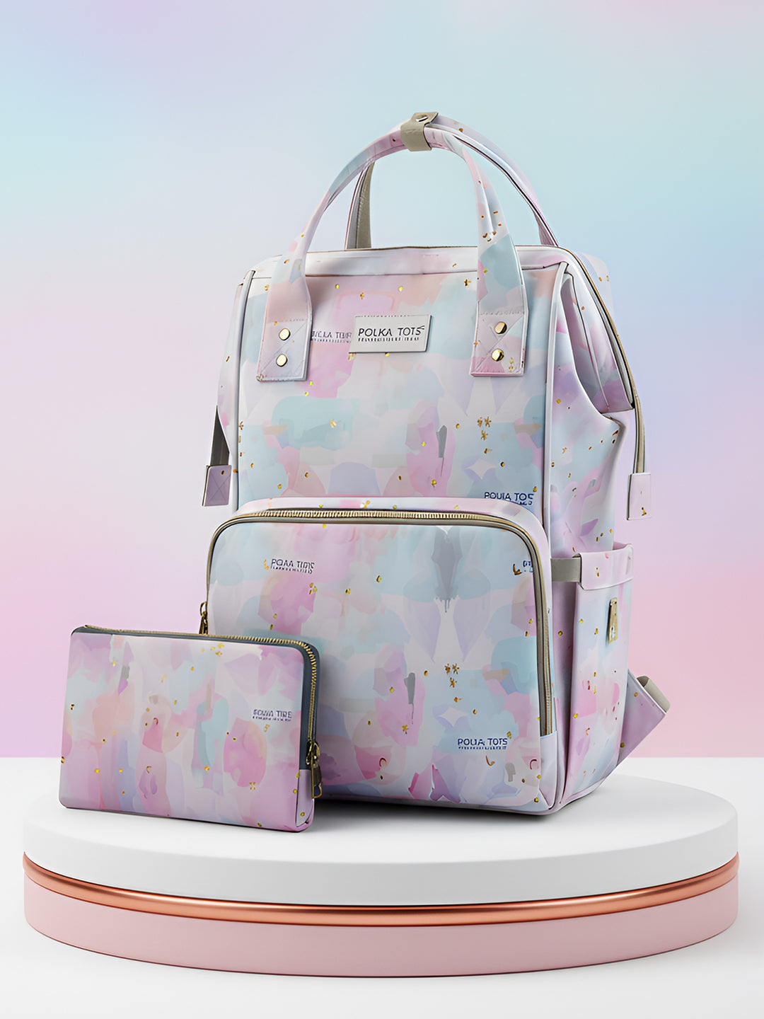 Floral-patterned backpack and wallet set on a gradient background