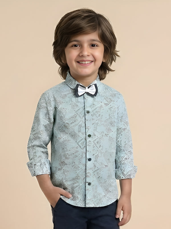 Polka Tots Cotton Regular Fit Full Sleeve Zig Zag Print Dual Bow Tie Shirt - Sky Blue