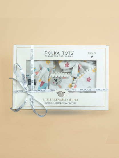 Polka Tots Newborn Pack of 6 100% Soft Double-Layer Muslin Cotton Essentials Gift Box - Hello Baby Print