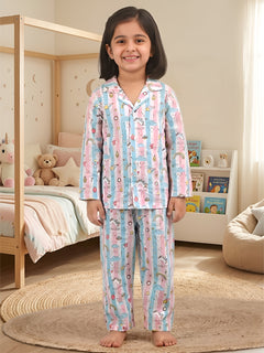 Polka Tots Full sleeves Unicorn print Stripes Night suit - Pink