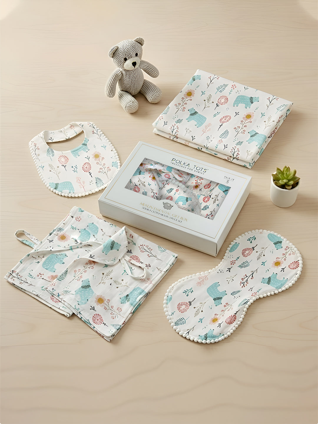 Polka Tots Newborn Pack of 5 100% Soft Double-Layer Muslin Cotton Essentials Gift Box – Bloomy Bear Print