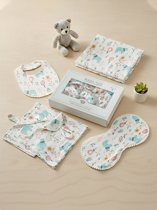 Polka Tots Newborn Pack of 5 100% Soft Double-Layer Muslin Cotton Essentials Gift Box – Bloomy Bear Print